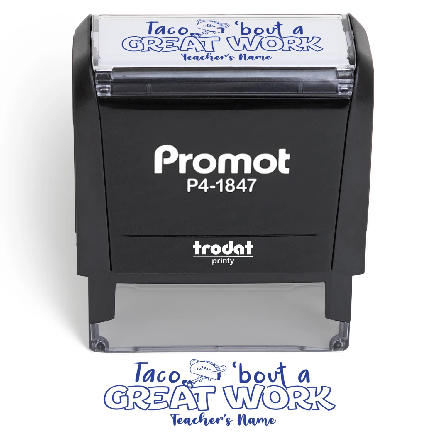 Teacher Custom Rubber Stamp "Taco Bout Some Great Work" - Medium self-inking stamp with fun taco design and custom teacher name.
